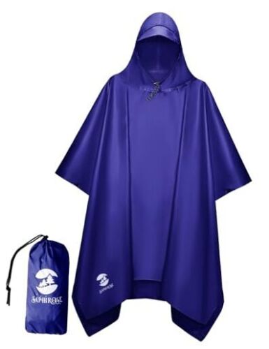 Hooded Rain Poncho Waterproof Raincoat Jacket for Men Women One Size Deep Blue