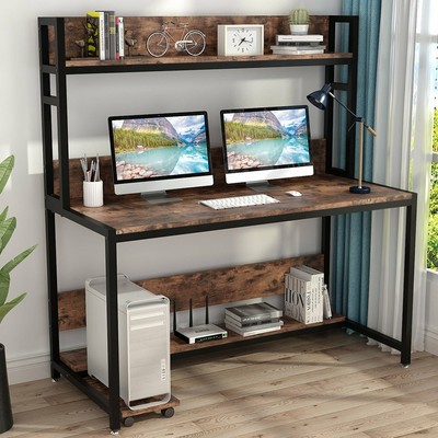 Brown Black Computer Study Desk With Hutch Bookshelf Working Table