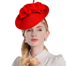 Red Women's Straw Fascinator Hat with Feather Derby,Cocktail,Tea Party Formal