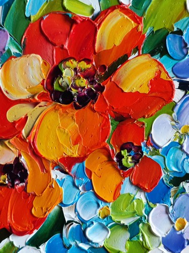 Original oil painting Red Poppy forget me not flowers artwork Floral art 4*4 in - Picture 5 of 9