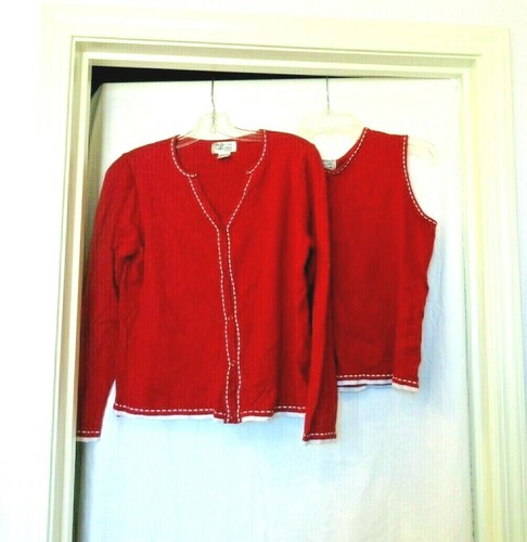 red sweater twin set with white trim 