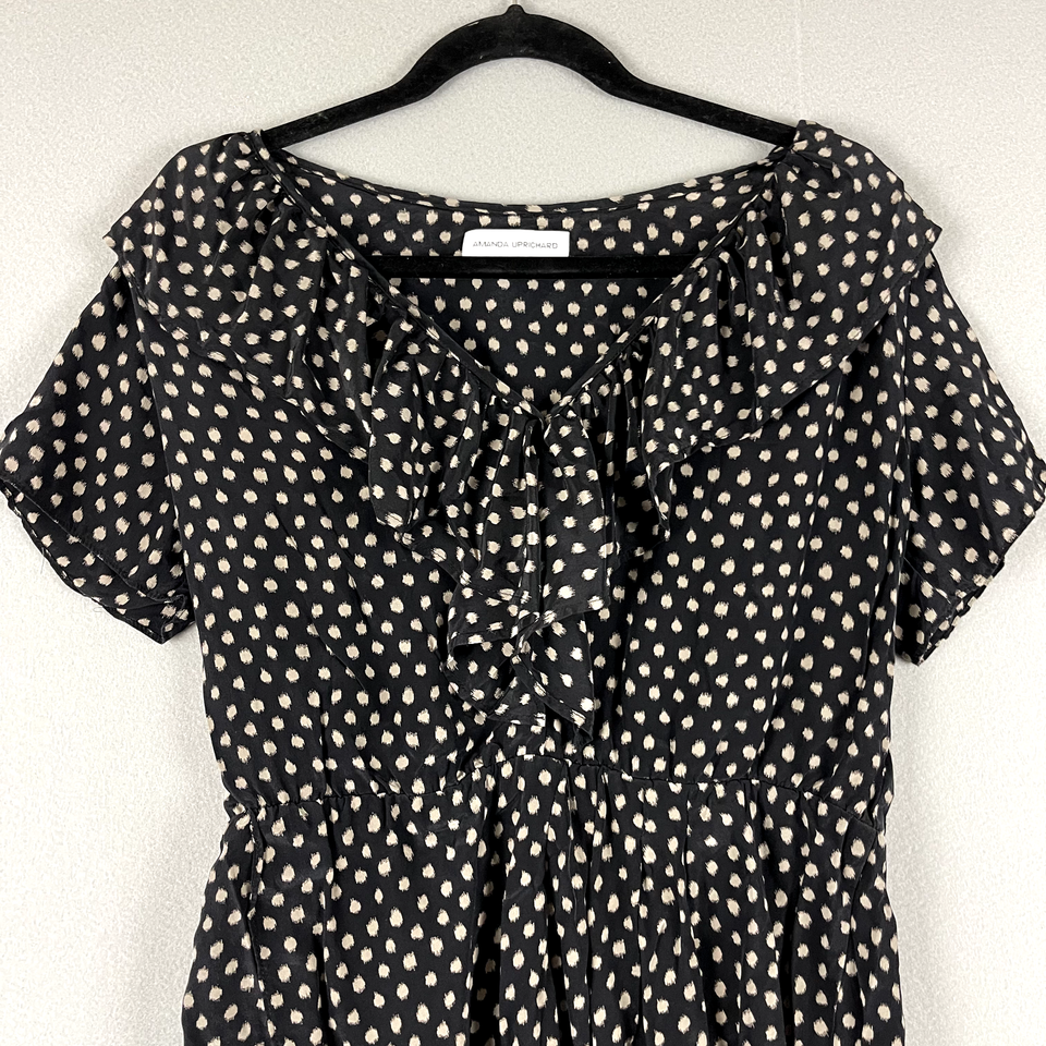 Amanda Uprichard Silk Mini Dress Large Black Polka Dot Elastic Waist