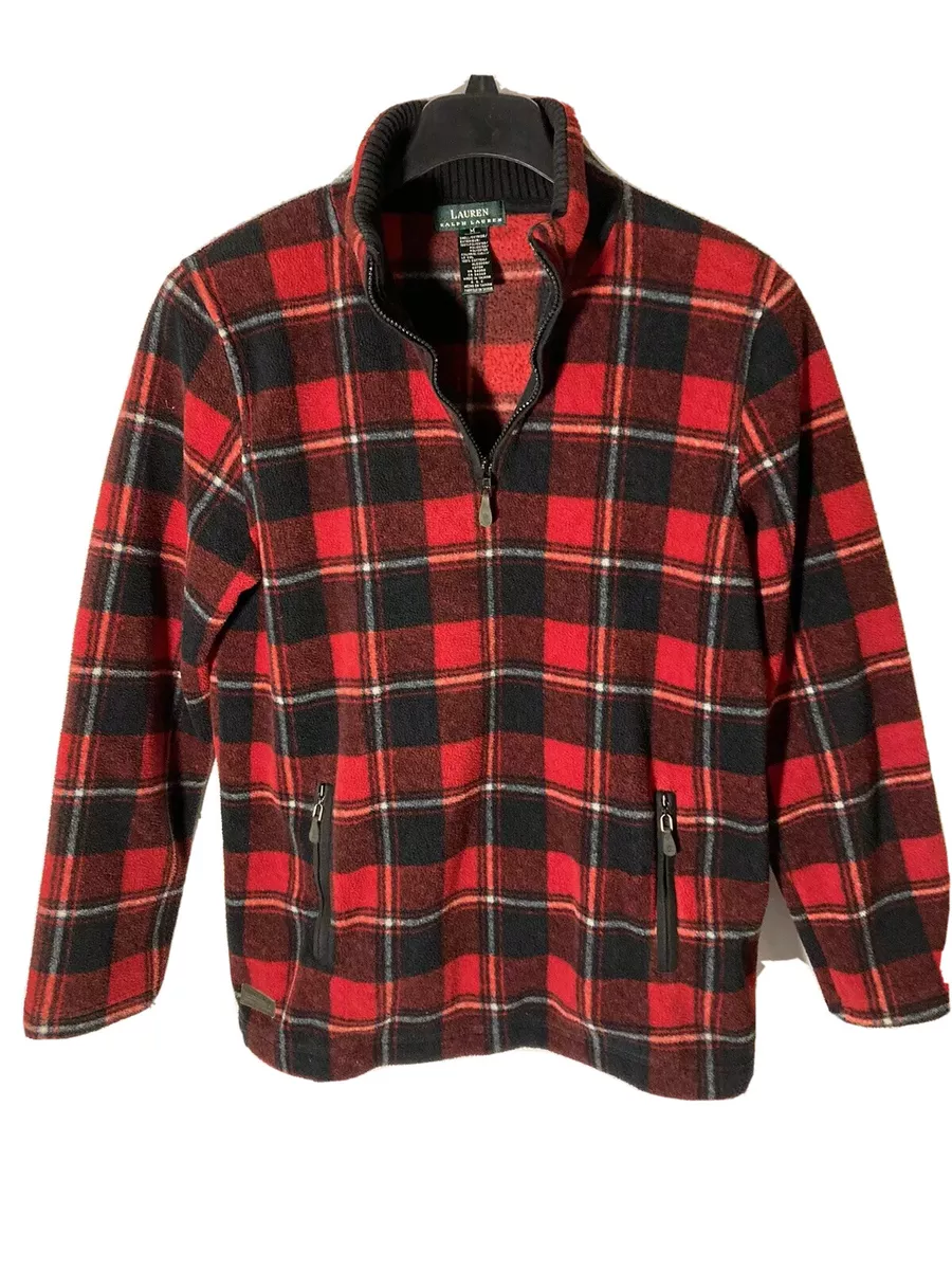 Lauren Ralph Lauren Women Size M 1 4 Zip Red Tartan Plaid Pullover Fleece Jacket