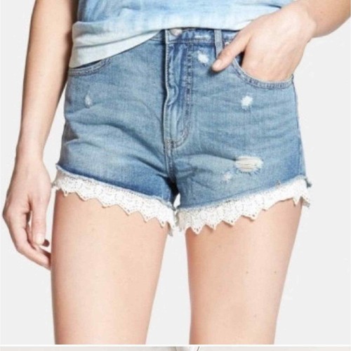 Free People Lace Trim Denim Shorts Blue 