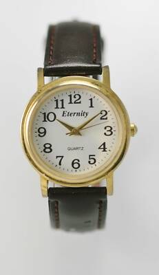 Eternity Damenuhr Weiß Edelstahl Gold Braunes Leder Batterie Wasser Re Quarz