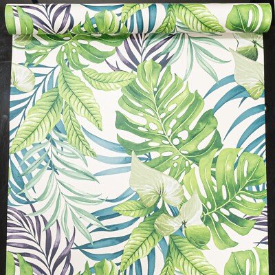 Tropische grüne Blätter Tapete Creme Türkis Dschungel Wald Palmblatt L56104