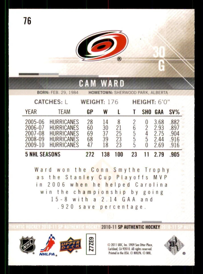 2010-11 SP Authentic #76 Cam Ward Carolina Hurricanes - Image 2 of 2