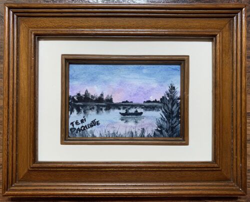 Encadré Original Peinture à l'aquarelle forêt lac signé illustration Fine Art #498 - Photo 1 sur 8