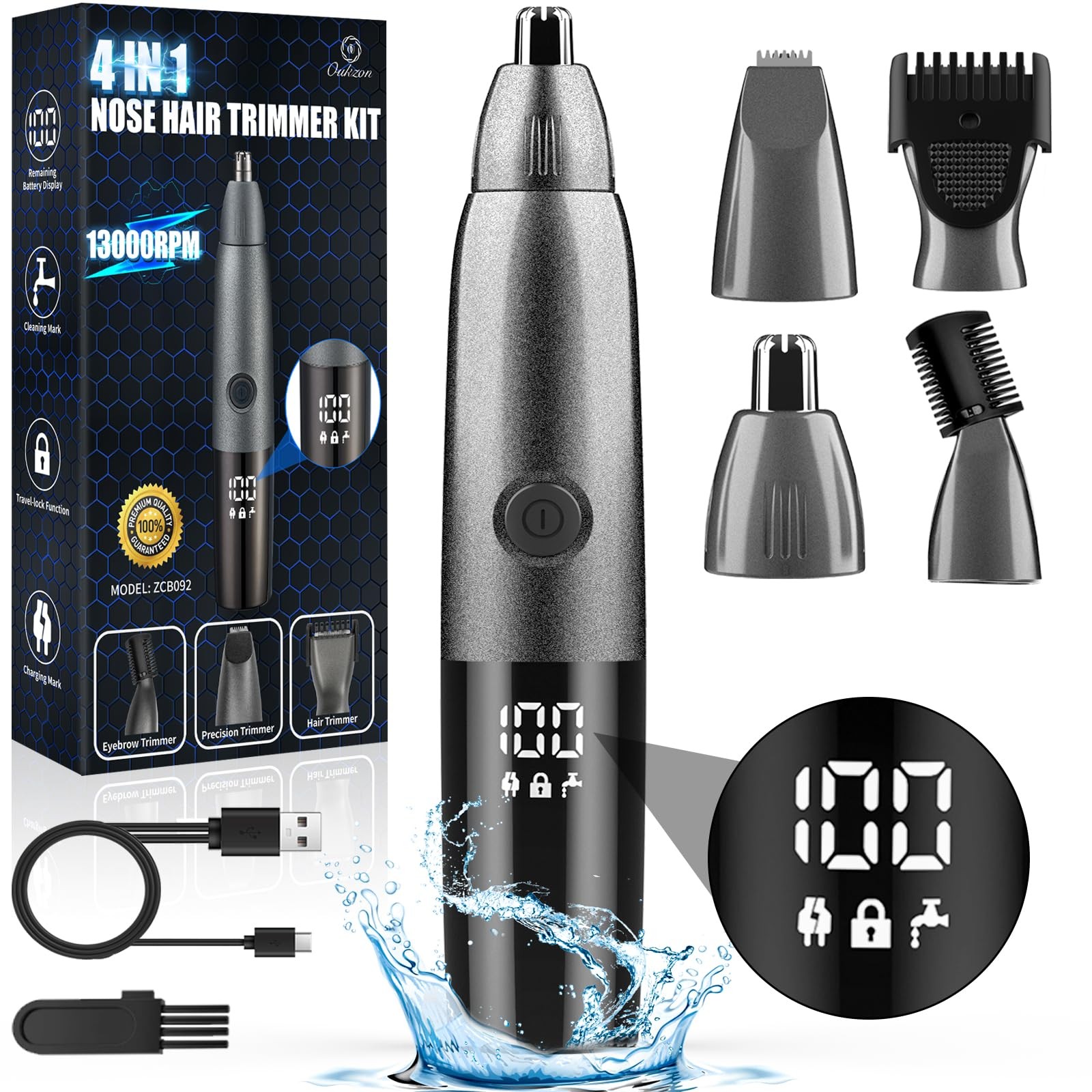 Tondeuse nez homme 4 en 1 USB avec écran LED rechargeable noir