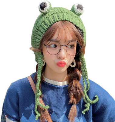Women Girls Crochet Knitted Winter Headband Hat Beanie Cute Cartoon Frog Big Eye