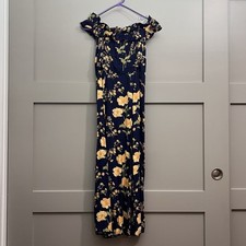 Reformation Izabel Off Shoulder Floral Midi Dress Women Sz. 4 Navy Blue Boho EUC