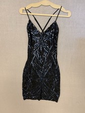 Windsor Black & Blue Sequin Mini Dress Cross Back Straps Size M Bodycon Party