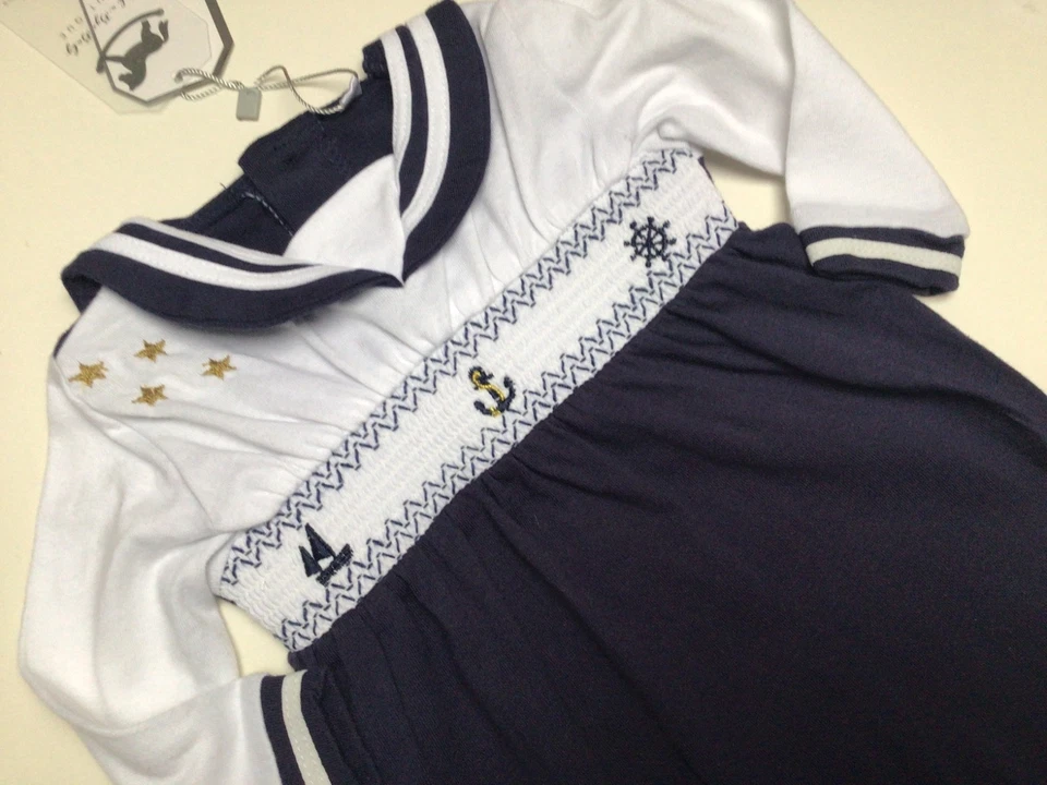 Baby Boys Spanish navy Smocked nautical Sleepsuit 0-3 Months Cotton - Image 2 of 4