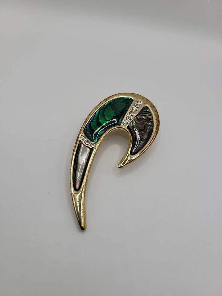 Broche prendedor vintage concha de abulón cristales verdes remolino blanco joyería disfraz Foto 3 de 4