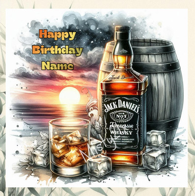 Personalisierte JD Grußkarte Jack Daniels Whiskey Geburtstag Flasche Glas Sonnenuntergang