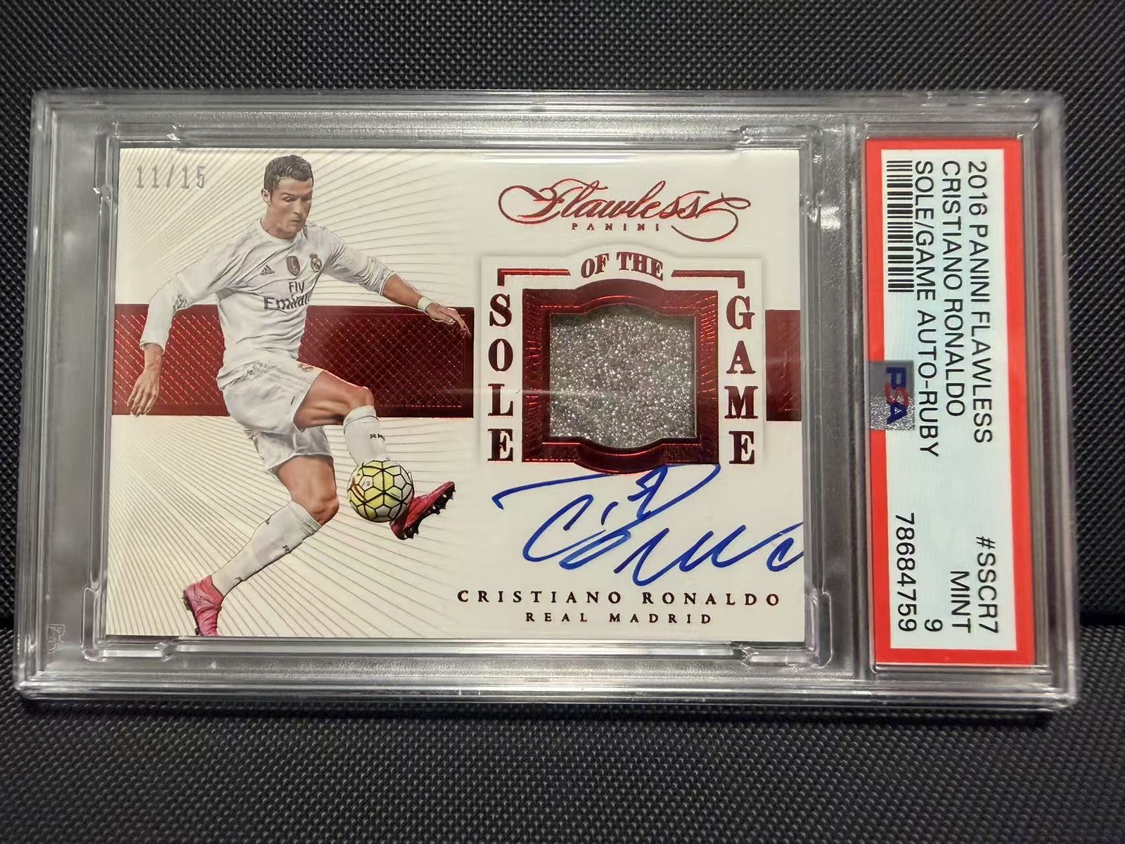 Cristiano Ronaldo 2015-16 Panini Flawless Sole of the Game Auto Ruby 11/15 PSA 9
