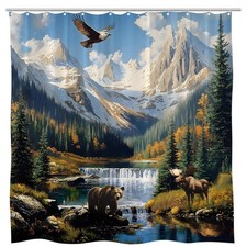 Forest Bear Deer Shower Curtain Cabin Mountain Eagle Bird Pine Tree Rustic Me...