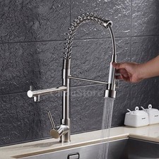 Brushed Nickel Commercial Kitchen Faucet Pull Down Sprayer Spring Dual Spout Mix