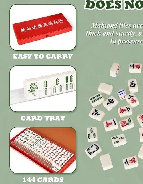 Chinese Mahjong Set 144 Tiles w/2 Spare, Racks, 2 Dice, Stylish Case Mini/Travel - Image 2 of 4