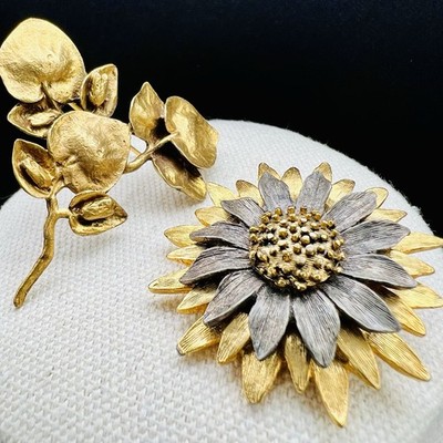 TMC The Museum Company Floral Brooch Set Sunflower Gold Tone Botanical 2pc