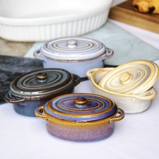 Set Of 4 Oval Reactive Glaze Mini Casserole Dishes Stoneware Oven Pots With Lids