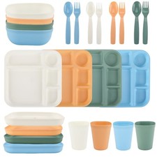 24-Piece Kids Plastic Dinnerware Set with 4 Trays, Bowls, Plates, Cups, Forks,