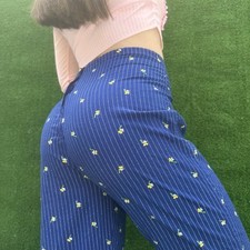 Vintage Blue Stripe Floral High Rise Wide Leg Zip up Pants sz 32 Waist