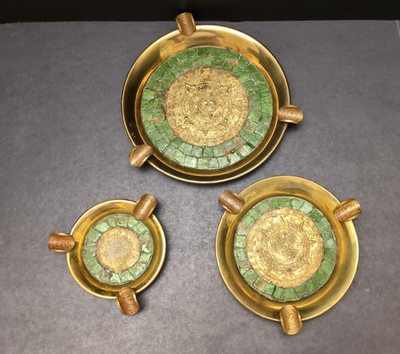 Vtg Aztec Mayan Calendar AshTrays Ash tray Maya Mexico Mexican Coins 1960s?