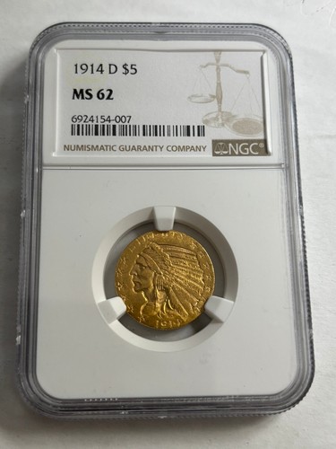 1914-D INDIAN HEAD $5 HALF EAGLE GOLD NGC MS62
