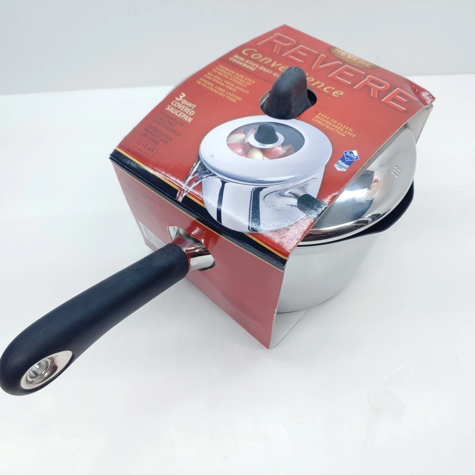 Revere Ware 3 Qt Covered Saucepan Straining Lid Pour Spouts NOS Sealed 2003