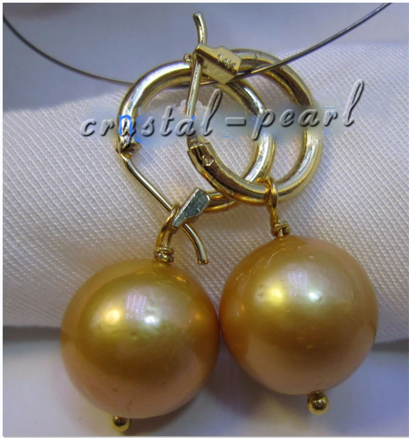 Elegantes Pendientes AAA 13-12mm Real Natural Mar del Sur Dorado Perla Amarilla Oro 14k Foto 3 de 3