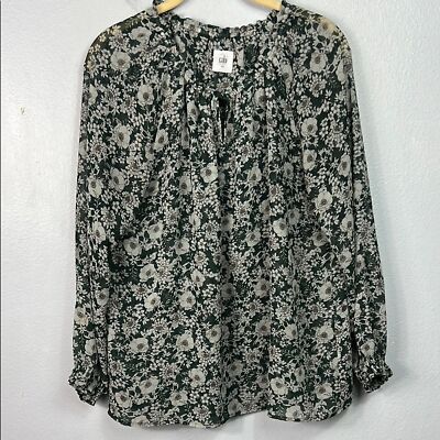 Cabi Green Floral Peasant Split Neck Long Sheer Sleeve Top XS