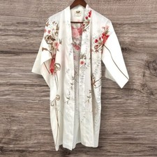 Vintage Kimono Women One Size Japanese White Poly Floral Coverup Asian Botanical