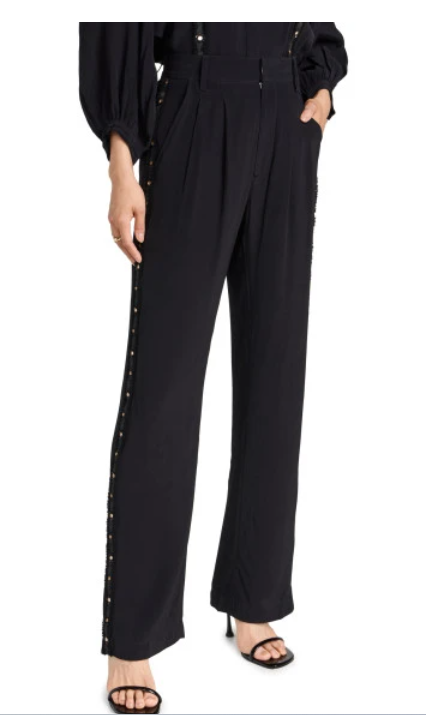 Figue Hadley Women’s Pants Black Embellished Silky Pleated Waist Straight Leg 12