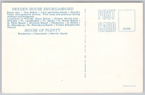 Postal de colección de Sweden House Smorgasbord Florida - Imagen 2 de 2