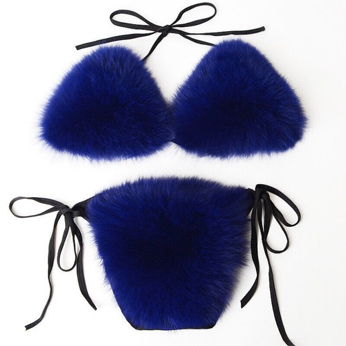 Single Fur String Fox Fur Swimsuit Beach Bikini Sexy Split Fur Bikini Set Micro Bra G ...