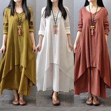 Ladies Dress V Neck Long Sleeve Boho Cotton Linen Sundress Solid Maxi Plus Size