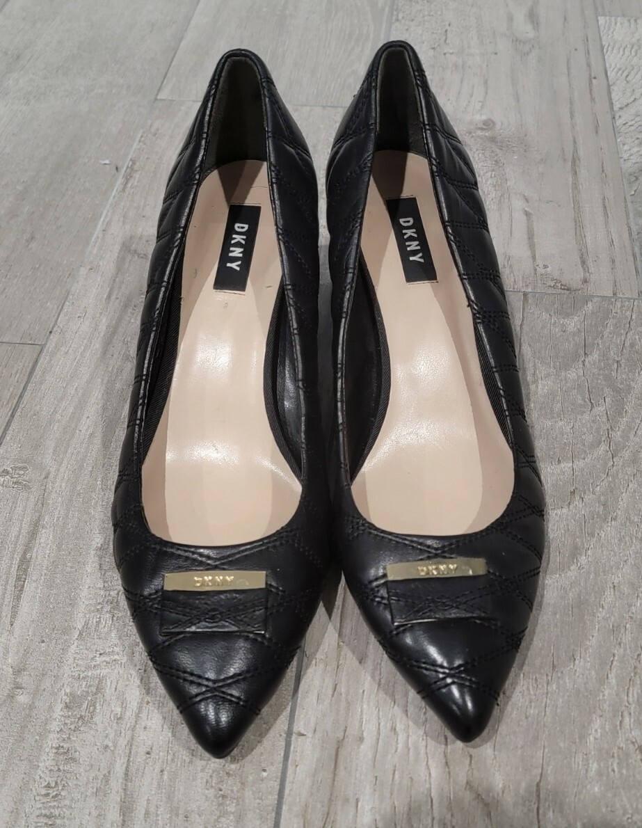 DKNY Elia Quilted Leather Pointed Toe Block Heel Pump… Gem