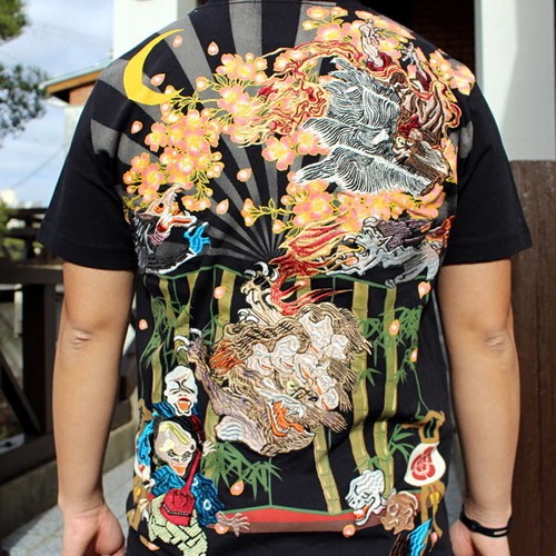 Mens Summer T-Shirt Short Sleeve Japanese Pattern Embroidery Ukiyo-e Black White - Picture 14 of 19