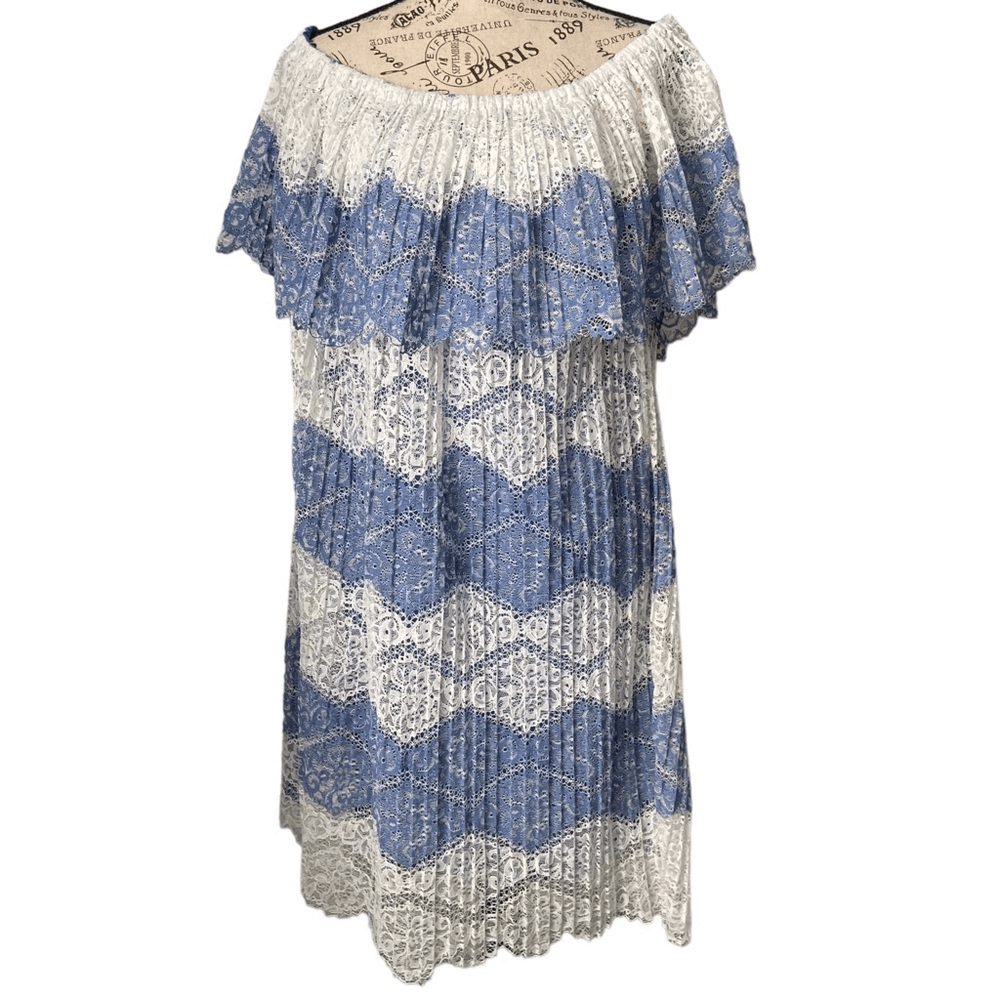 beige by eci lace dress Off Shoulder Pleated in Blue and White Size Large Color:Nude Gold