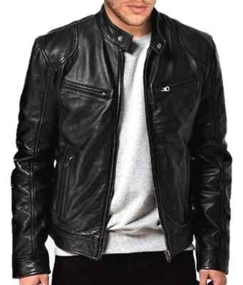 Cafe Racer Retro Men's Leather Jacket Genuine Soft Sheepskin Biker Black