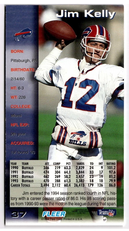 1994 Fleer GameDay - #37 Jim Kelly Tall Boy Buffalo Bills - Image 2 of 2