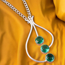 925 Sterling Silver Lab-Created Emerald Green May Birthstone Pendant 2.2" FJ