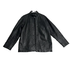 Perry Ellis Portfolio Lambskin Leather Jacket Mens Small Black Button Up Y2K