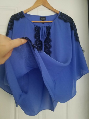 Women's Nicole Miller Silky Blue Black Lace Stylish Loose Fit Flowy Blouse S - Picture 6 of 12