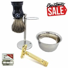 GOLD 3.5" DOUBLE EDGE SAFETY RAZOR SHAVING SET FOR MEN BADGER BRUSH 5 PC KIT