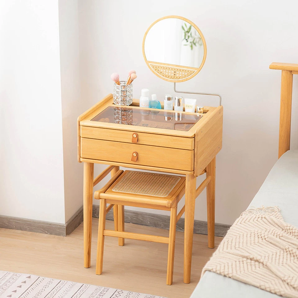 Bamboo Vanity Table Set Rattan Footstool Dressing Table Tempered Glass Tabletop - Image 4 of 4