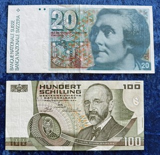 1x 20 Franken Schweiz 1x 100 Schilling Österreich