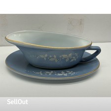 Vintage JAJ Pyrex Blue Gravy Boat Set Hawthorn Pattern Mid-Century