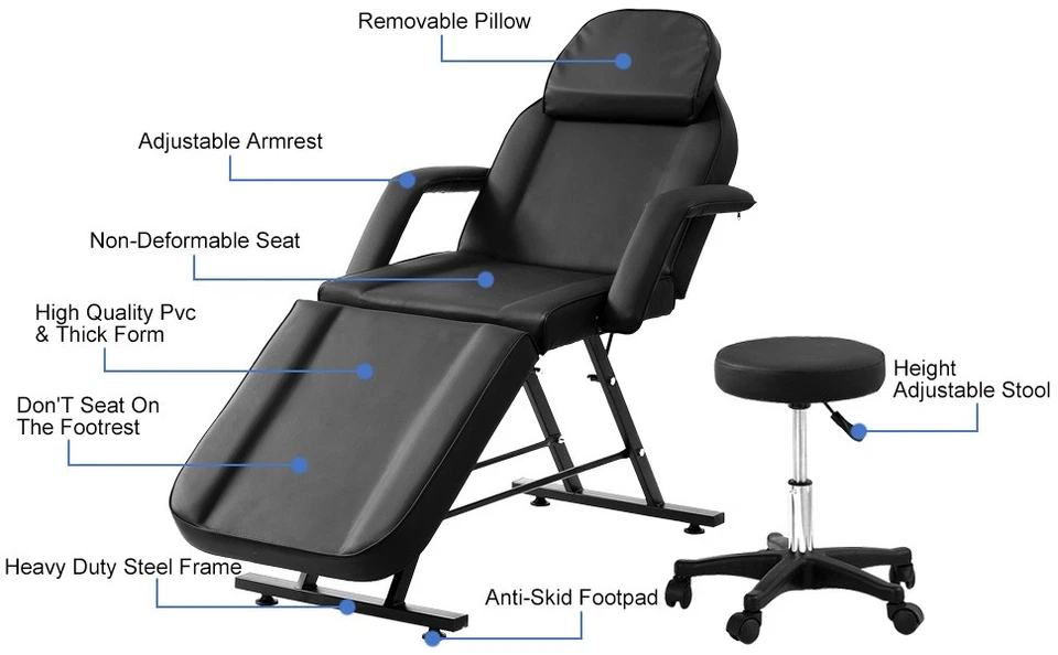 Silla de mesa comercial negra de masaje facial para salón cama spa tatuaje masaje cama Foto 3 de 4